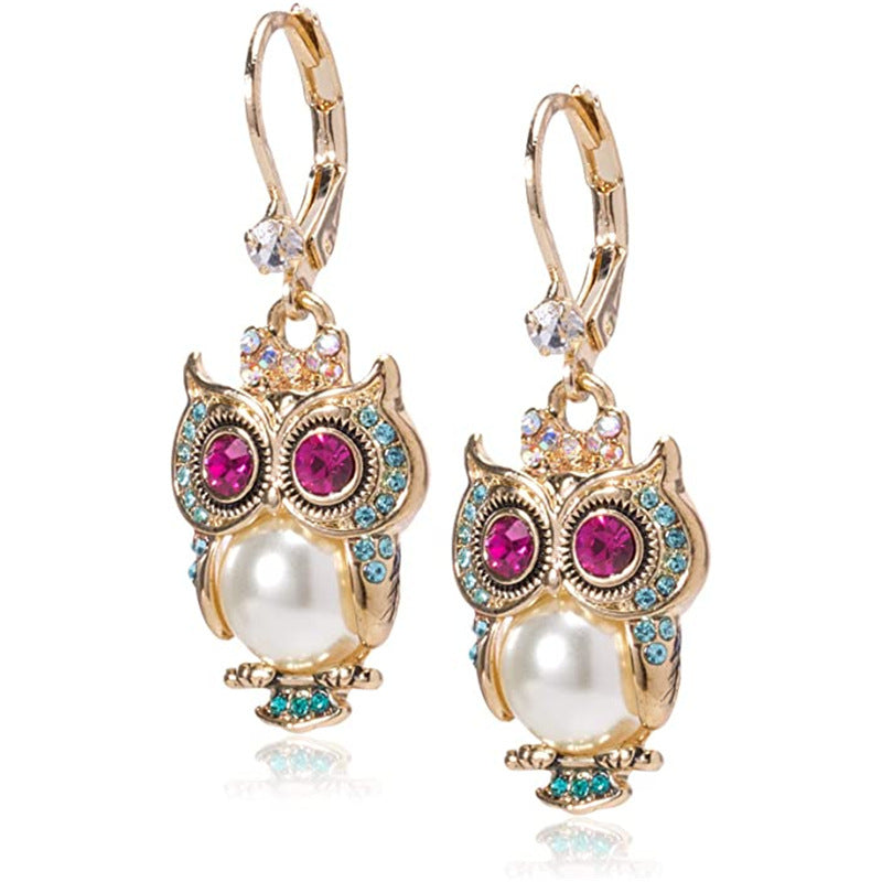 Vintage Owl Crystal Earrings – Gold-Plated, Hand-Set Crystals & Pearl Detail