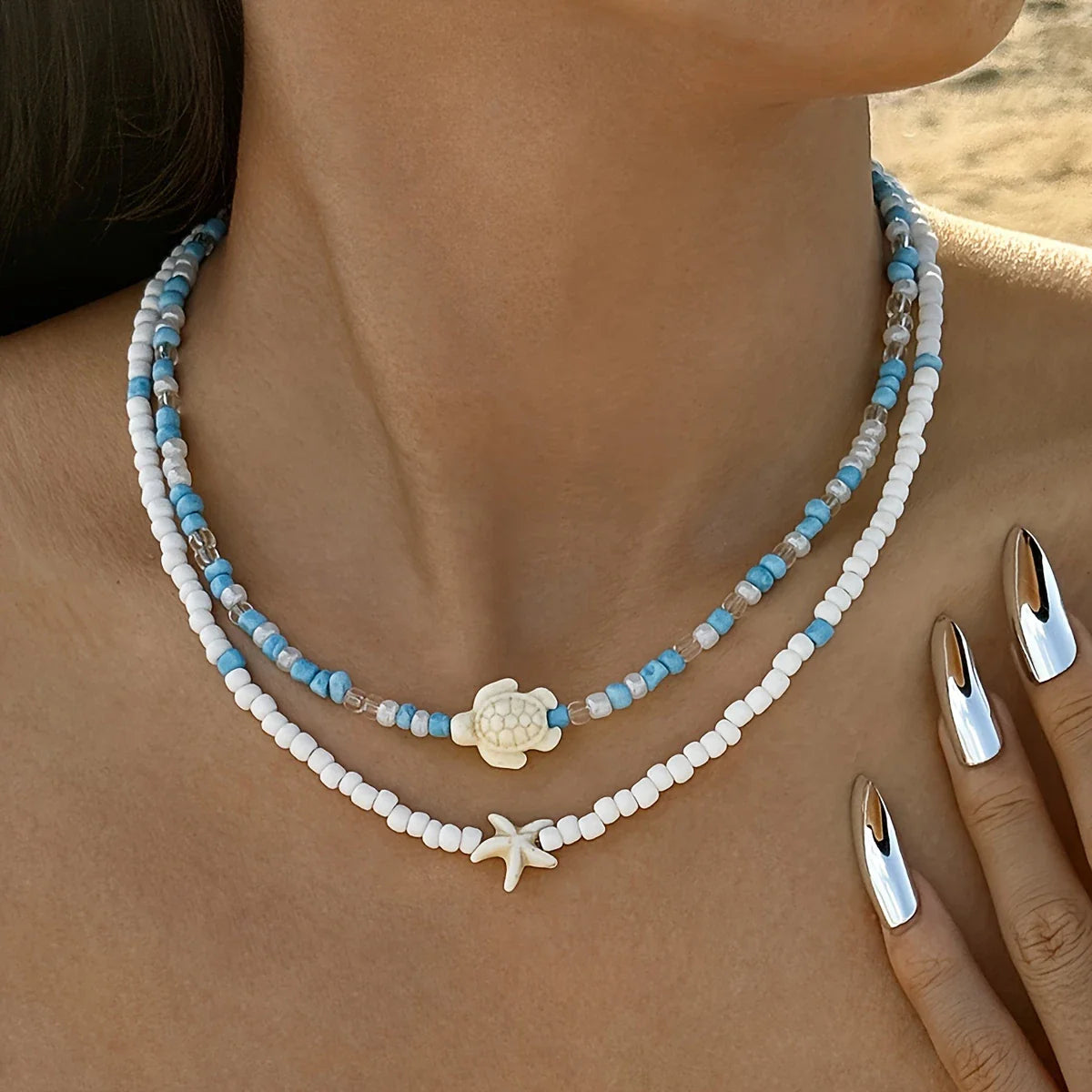 Bohemian 2-Piece Necklace with Turtle and Starfish