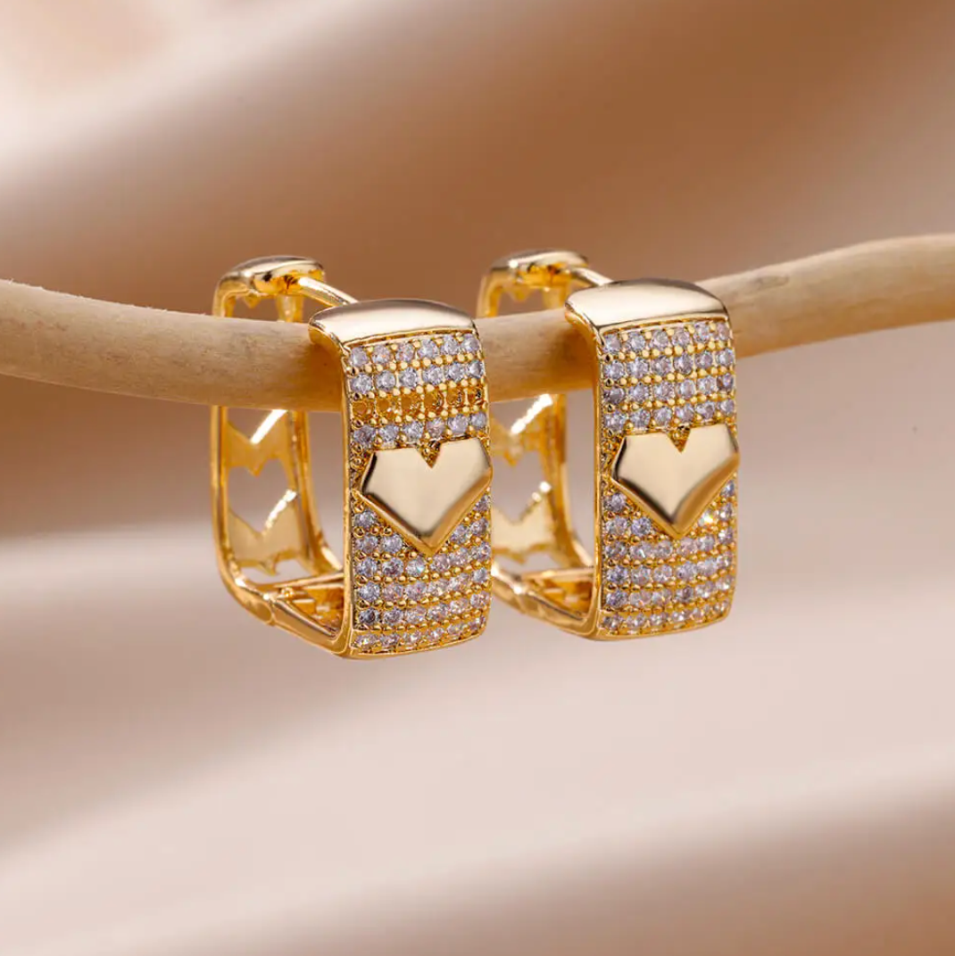 Thick 18K Gold Plated Hoops with Heart and Zirconia