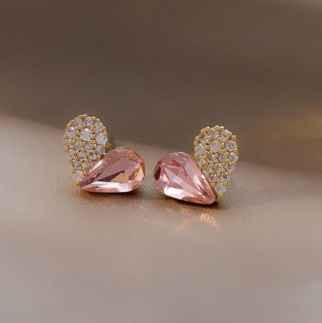 18K Gold Plated Heart Button Earrings - Half Pink Crystal and Half Zirconia