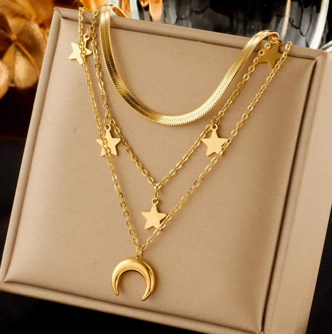 Triple 18K Gold Necklace with Stars, Choker, and Moon