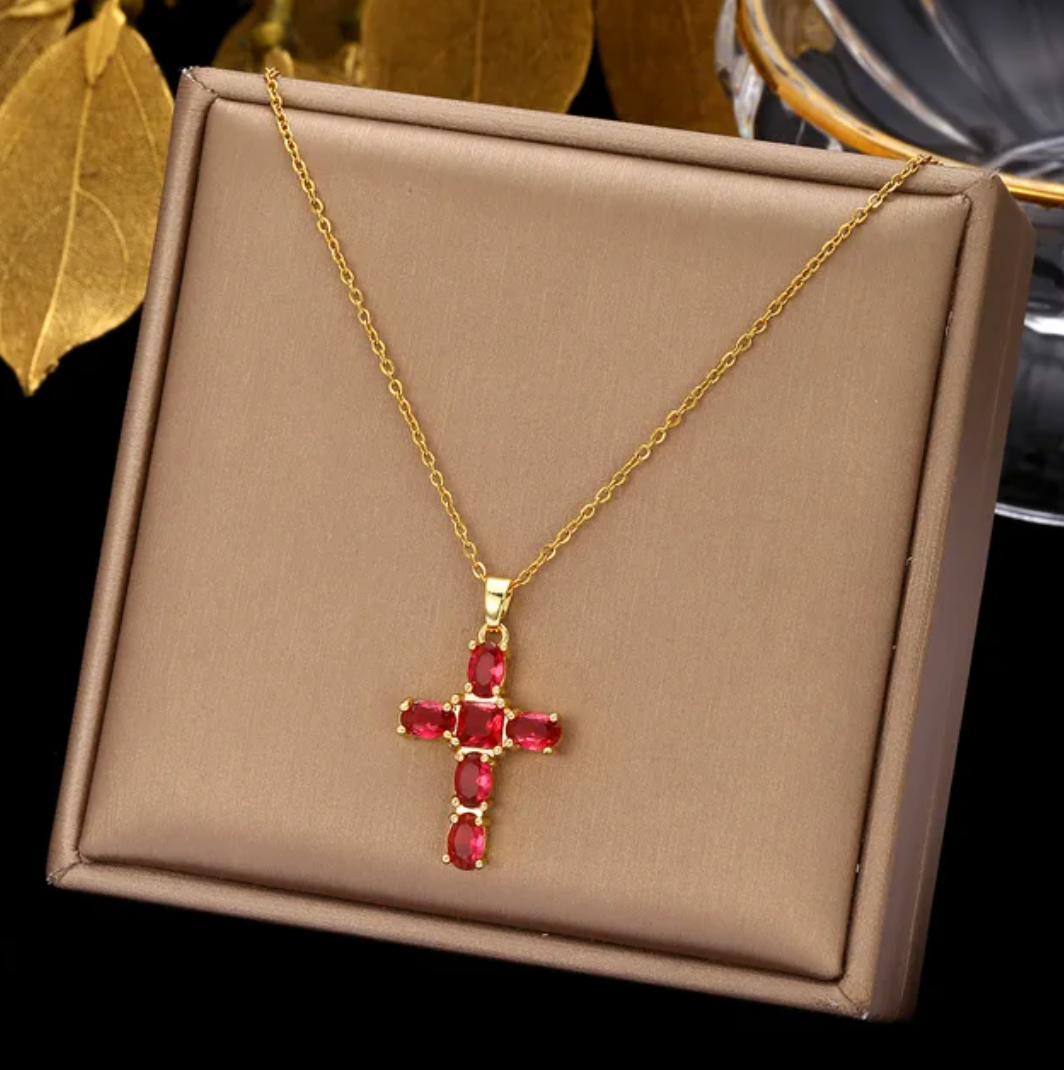 18K Gold Plated Necklace with Red Crystal Cross