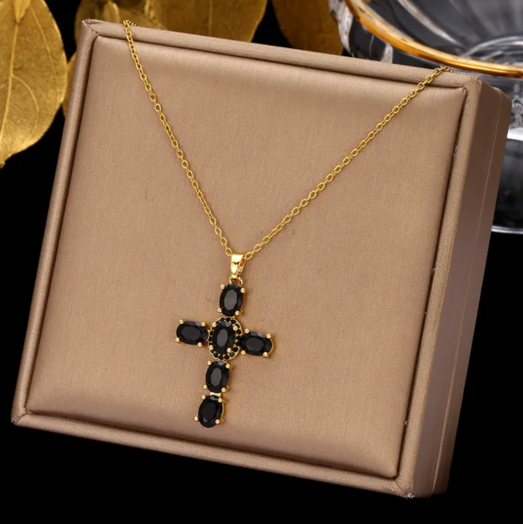 18K Gold Plated Necklace with Black Crystal Cross