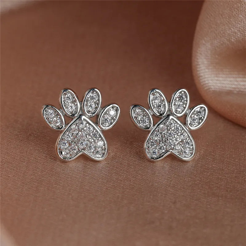 White Zirconia Paw Studs – Heart-Shaped Design