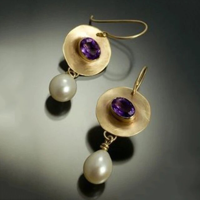 Vintage Purple Gold Earrings with Pearls