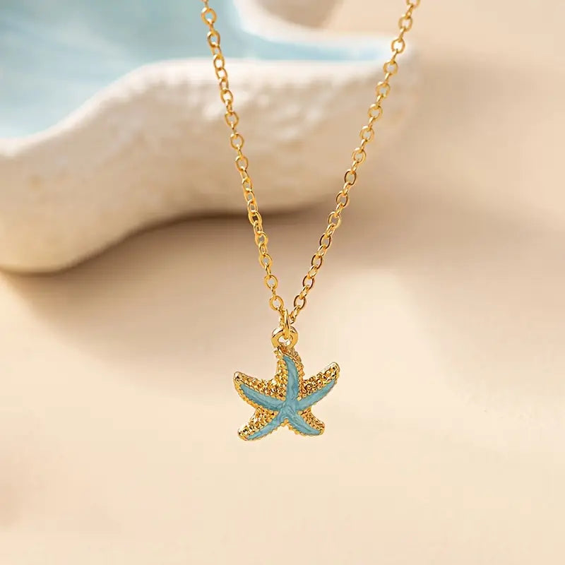 Blue Ocean Starfish Gold Necklace