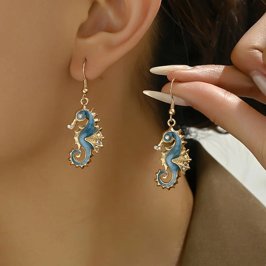 Blue Seahorse Gold Earrings