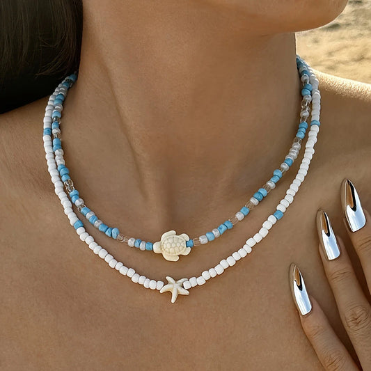 Bohemian 2-Piece Necklace with Turtle and Starfish