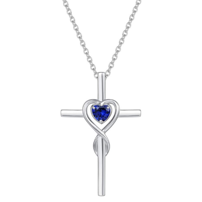 Sapphire Heart Stone Cross Necklace | White Gold