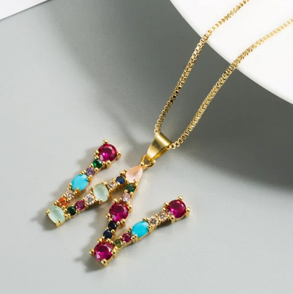 Initial and Gemstone 18K Gold Necklace