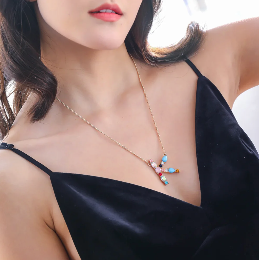 Initial and Gemstone 18K Gold Necklace