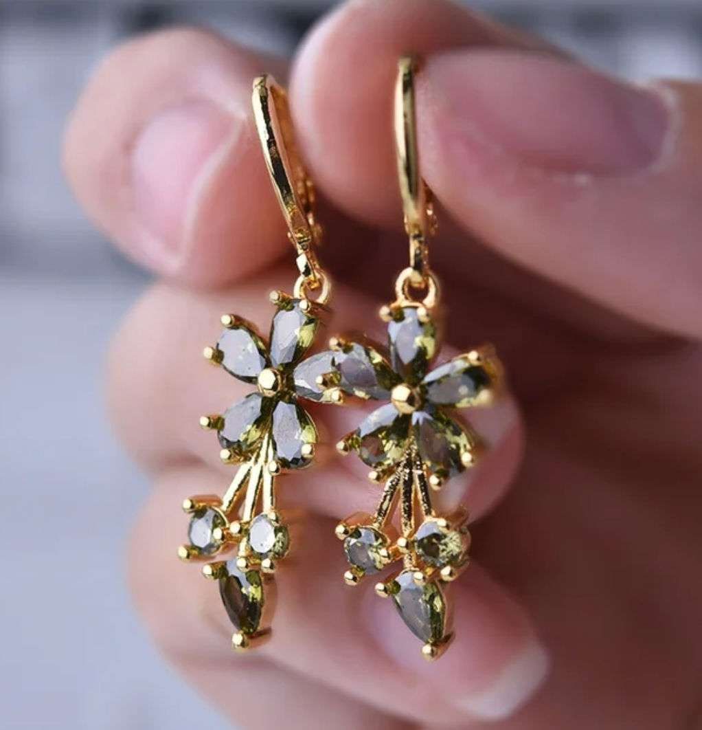 18K Gold Plated Hoops with Green Crystal Daisies