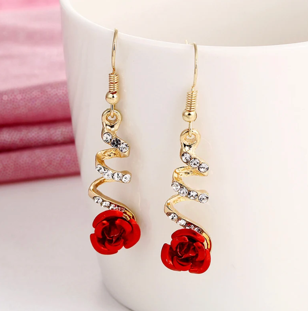 Long 18K Gold Earrings with a Rose