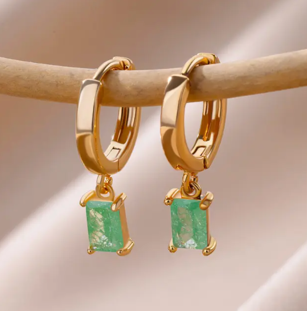 Small 18K Gold Plated Earrings with Rectangular Pendant in Green Quartz