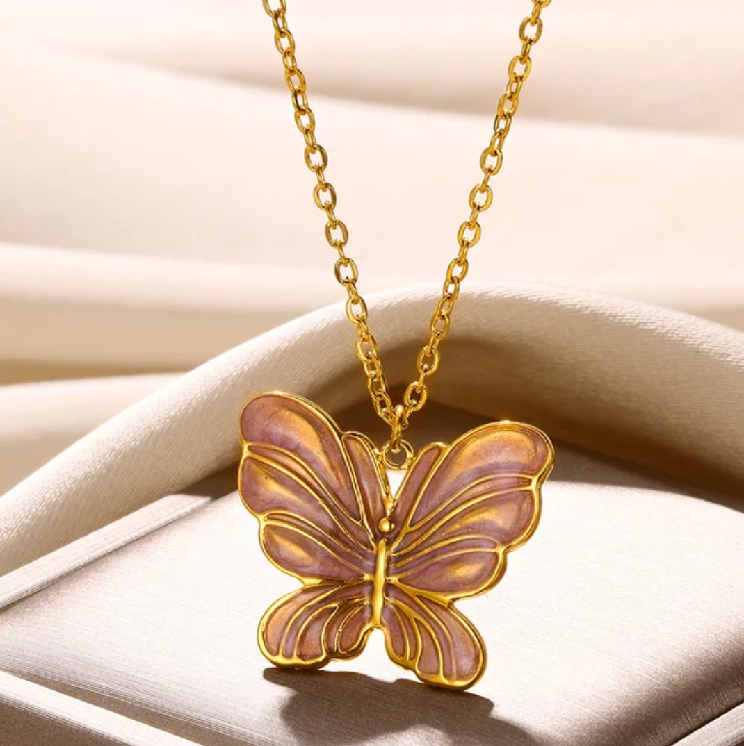 18K Gold Plated Pink Enamel Butterfly Necklace