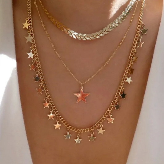 Triple 18K Gold Plated Necklace with Choker and Stars