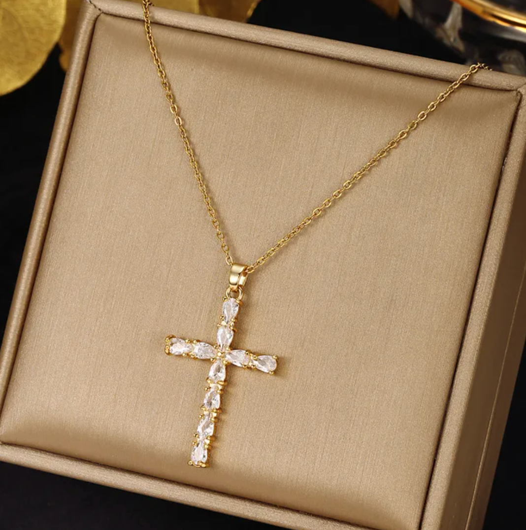 White Gold Cross Necklace with Fine Imitation Crystals