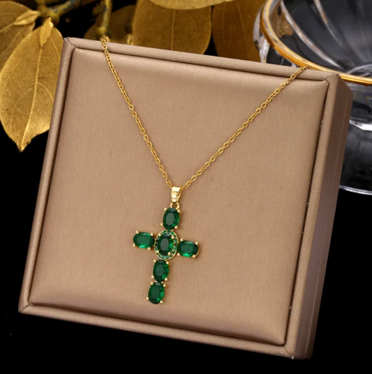 18K Gold Plated Necklace with Green Crystal Cross