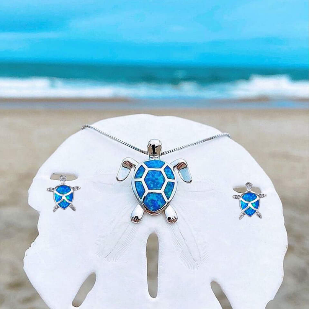 Turtle Necklace + Earrings Set in Opal and Silver