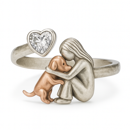 Handcrafted 925 Sterling Silver Dog Ring with Heart-Shaped Zirconia – Adjustable Fit