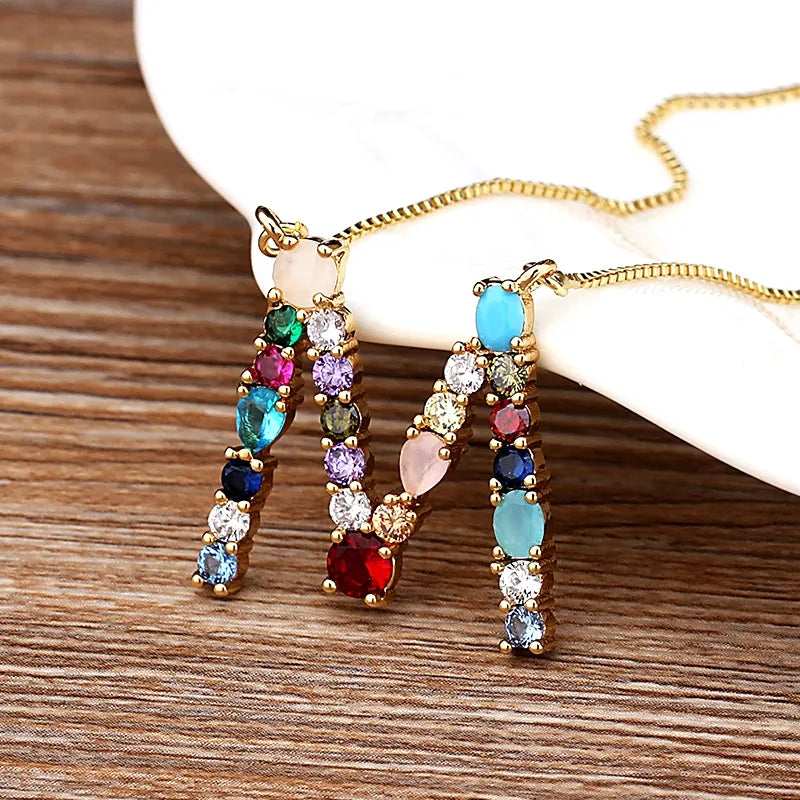 Initial and Gemstone 18K Gold Necklace