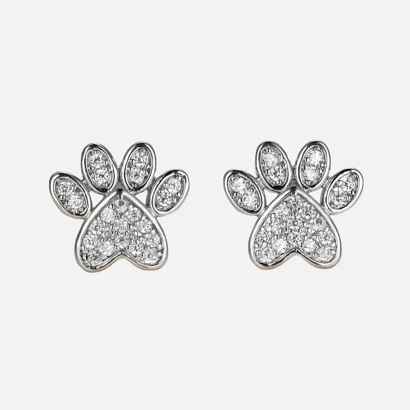 White Zirconia Paw Studs – Heart-Shaped Design