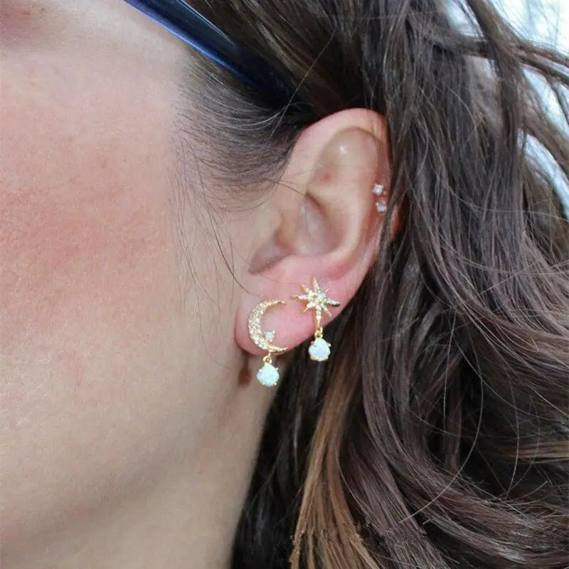 Moon and Star Gold and Opal Earrings