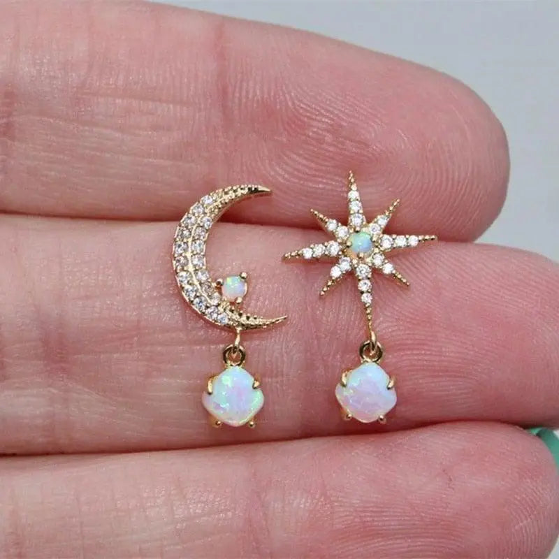 Moon and Star Gold and Opal Earrings