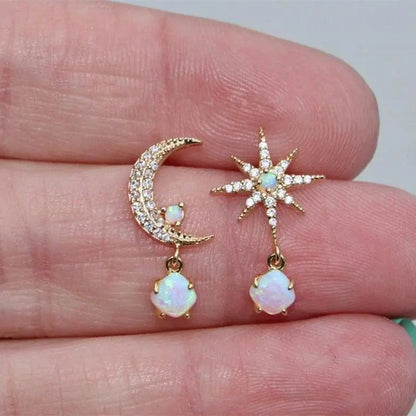 Moon and Star Gold and Opal Earrings