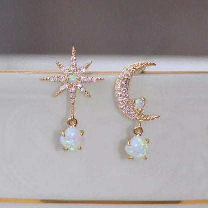Moon and Star Gold and Opal Earrings