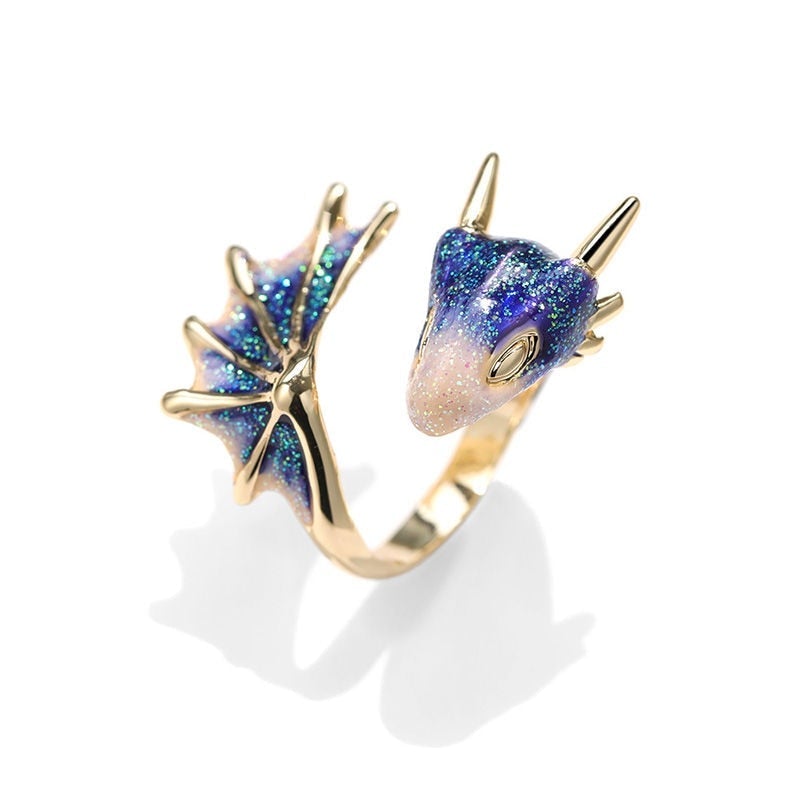 Adjustable Dragon Ring in Silver and Hand-Painted Enamel