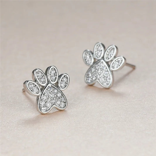 White Zirconia Paw Studs – Heart-Shaped Design
