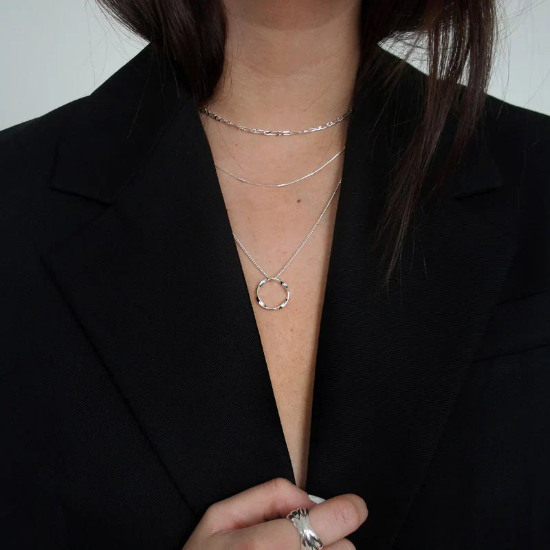 Open Circle Three Row Necklace | White Gold