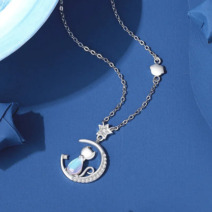 Cat Moon Sterling Silver Necklace