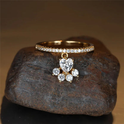 Vintage Cat Paw & Heart Stone Ring – Gold & Silver Tone