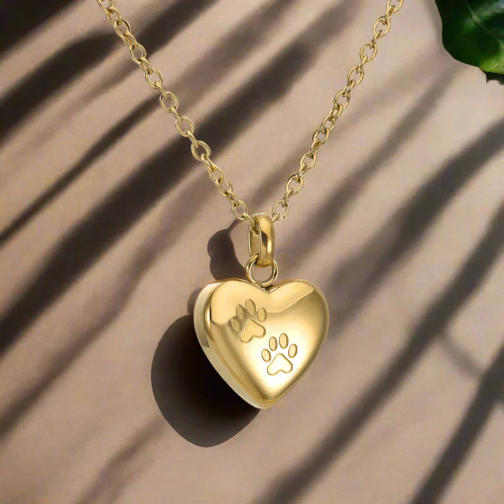 Pet Memorial Urn Necklace – Heart-Shaped Pendant with Paw Engraving