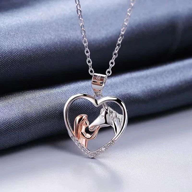 Beautiful Heart Zircon Girl and Horse Necklace