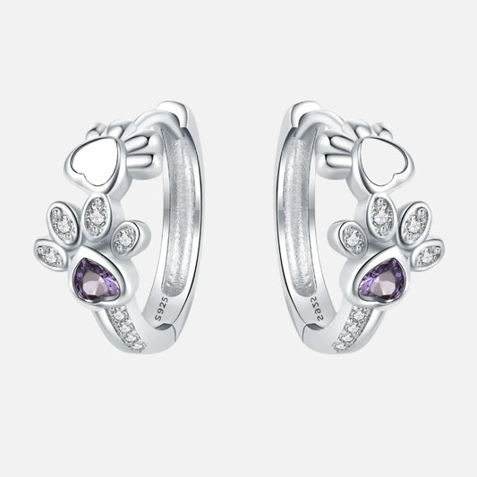 Paw Huggie Earrings in 925 Sterling Silver – With Zirconia and Heart Gem