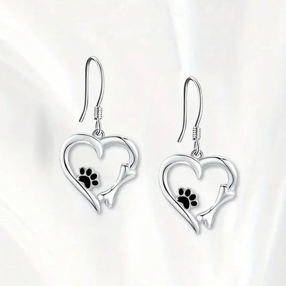 Silver Drop Earrings with Heart & Paw Design