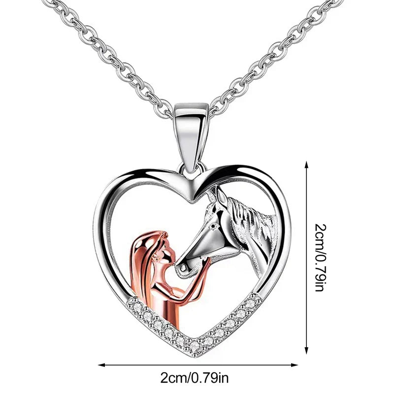 Beautiful Heart Zircon Girl and Horse Necklace
