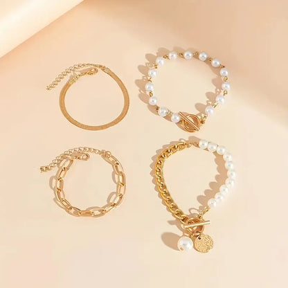Chic Gold 4-Piece Bracelet Set â€“ Snake, Pearls & Links | Gold