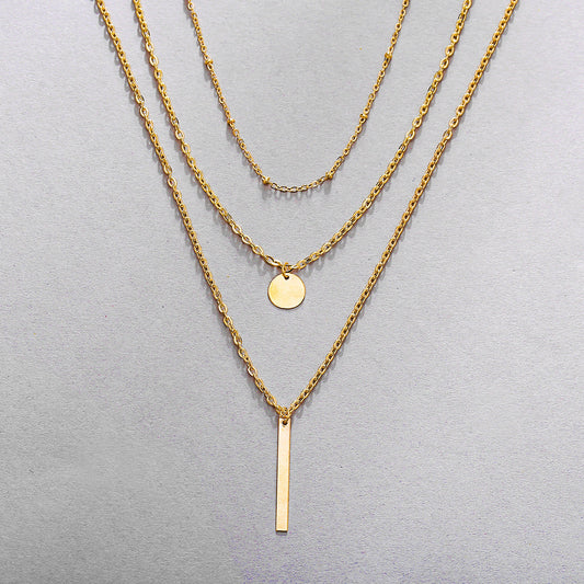 Vintage Layered Chain Necklace with Geometric Pendant