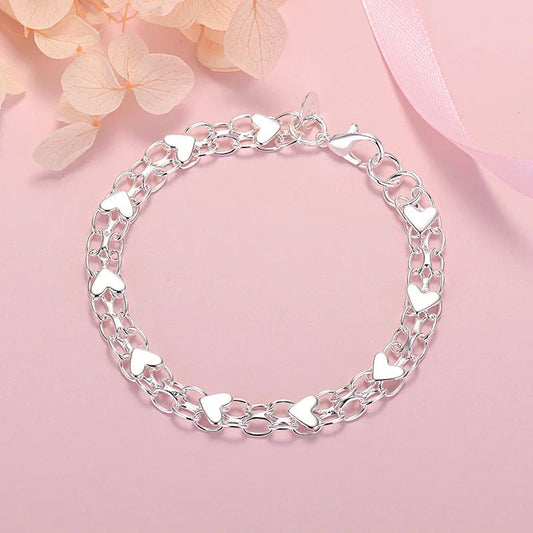 925 Silver Chain and Hearts Bracelet