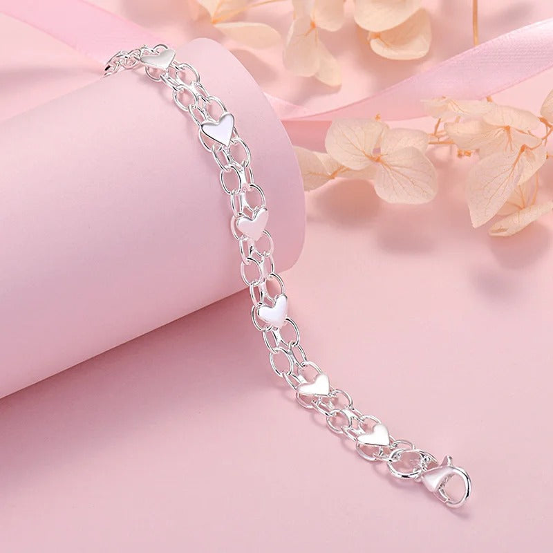925 Silver Chain and Hearts Bracelet