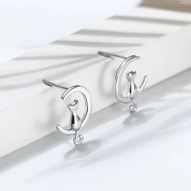 Moon & Cat Sterling Silver Stud Cat Earrings
