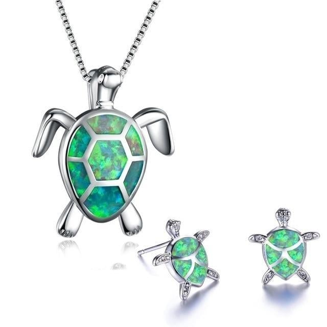 Turtle Necklace + Earrings Set in Opal and Silver
