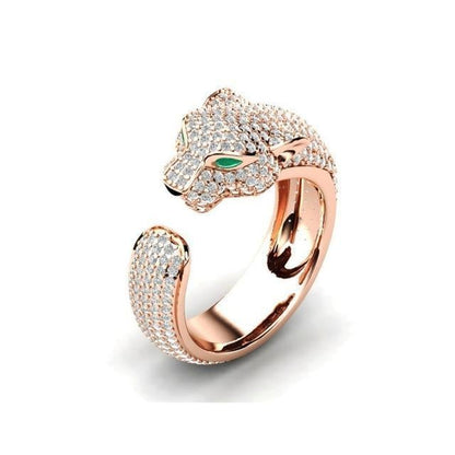 Adjustable Jaguar Ring in Silver and 18K Rose Gold with Green Zirconia Eyes